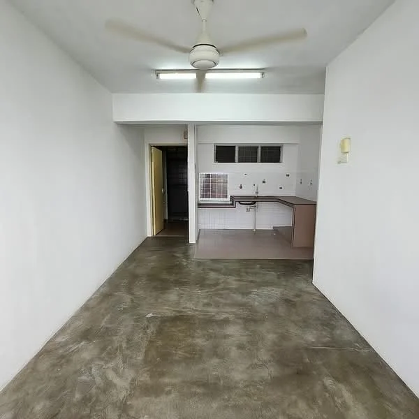 Room features: white painted walls, polished concrete flooring, ceiling fan, kitchen countertop, kitchen backsplash, wall-mounted kitchen cabinets, window with grille, doorway leading to another room; style: minimalist.