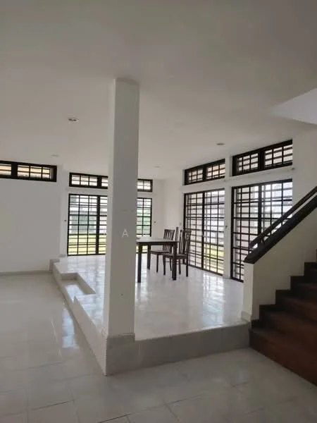 Living features: white painted walls, glazed tile flooring, large windows with black frames, wooden staircase, dining table with chairs, open layout, high ceiling, natural light from multiple windows; style: modern; view: garden.