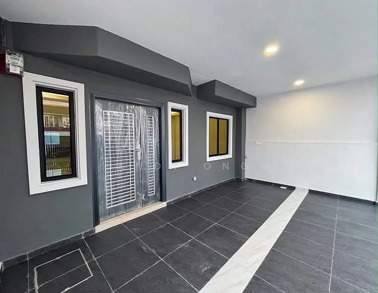Room features: grey painted walls, white trim, black tile flooring, white ceiling, recessed downlights, double-door entrance with security grille, two windows with black frames, corner wall with white paneling, sliding door access, floor-to-ceiling windows; style: modern.