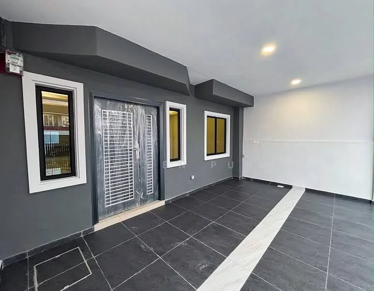 Room features: grey painted walls, black tile flooring, white tile accent strip on floor, two floor-to-ceiling windows, metal security grille door, recessed ceiling lights, corner wall with no visible features; style: modern.