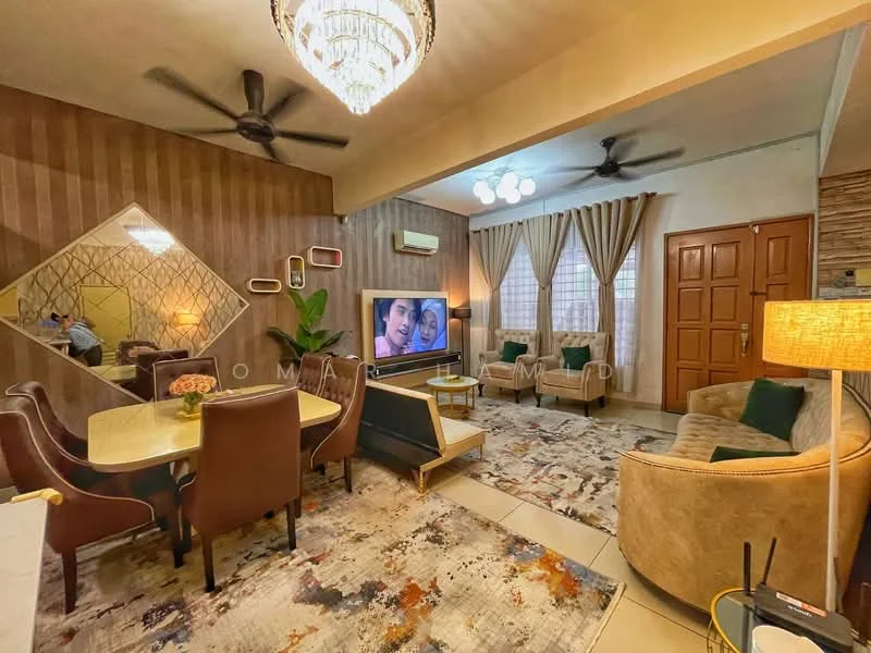 Living features: chandelier, 5-blade ceiling fan, wall-mounted TV, sofa in beige, 2-seater fabric sofa, coffee table, area rug with abstract pattern, decorative mirror, potted plants, wooden accent wall, cream painted walls, tile flooring; style: modern.