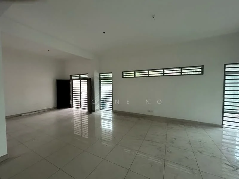 Room features: white painted walls, glossy ceramic tile flooring, large windows with horizontal slats, natural light from windows, high ceiling, no visible furniture, minimalist decor, clean lines; style: modern.