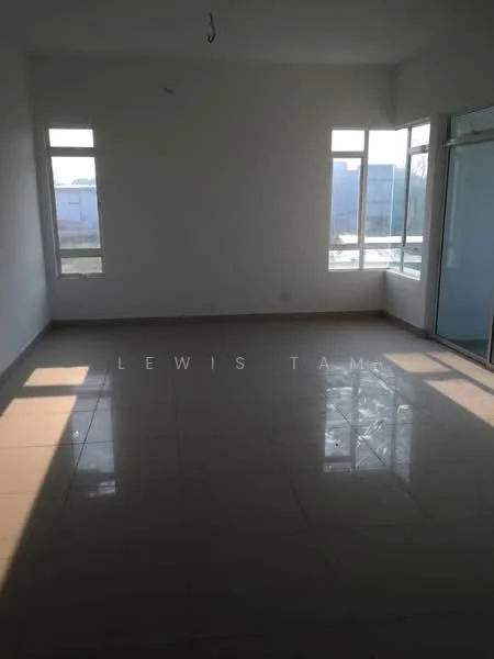 Room features: white painted walls, glossy ceramic tile flooring, floor-to-ceiling windows, sliding glass door, natural light from windows, neutral color scheme, high ceiling, open layout; style: modern; view: garden.
