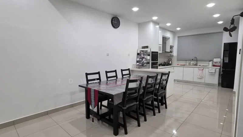 Dining features: 8-seater dining table, black wooden dining chairs, white painted walls, glossy tile flooring, recessed LED downlights, wall clock, open kitchen layout, kitchen island with seating, large window with roller blinds; style: modern. Kitchen features: stainless-steel sink, built-in oven, freestanding range oven, microwave, white cabinetry, countertop with backsplash, kitchen island; style: modern.