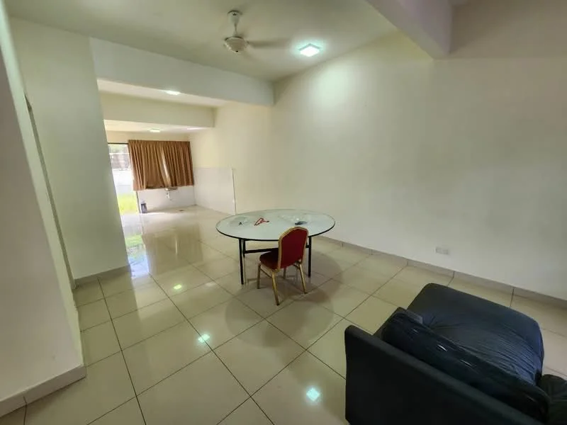 Living features: white painted walls, glossy ceramic tile flooring, ceiling fan, recessed downlights, large windows with curtains, round dining table, single dining chair, sofa in dark color; style: modern.