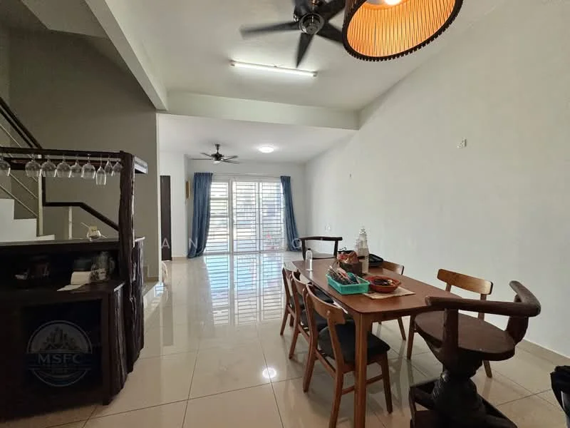 Dining features: dining table with 4 wooden chairs, pendant light fixture, ceiling fan, white painted walls, glossy tile flooring, large sliding glass door, curtains in blue fabric, open layout to living area; style: modern. Living features: sofa, coffee table, ceiling fan, white painted walls, glossy tile flooring, large sliding glass door, curtains in blue fabric, open layout to dining area; style: modern.