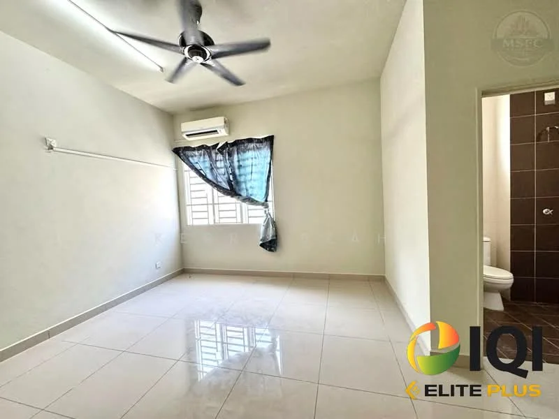 Room features: white painted walls, polished ceramic tile flooring, 5-blade ceiling fan, wall-mounted split AC, window with sheer curtains, corner bathroom visible, light switch, no visible furniture; style: minimalist.