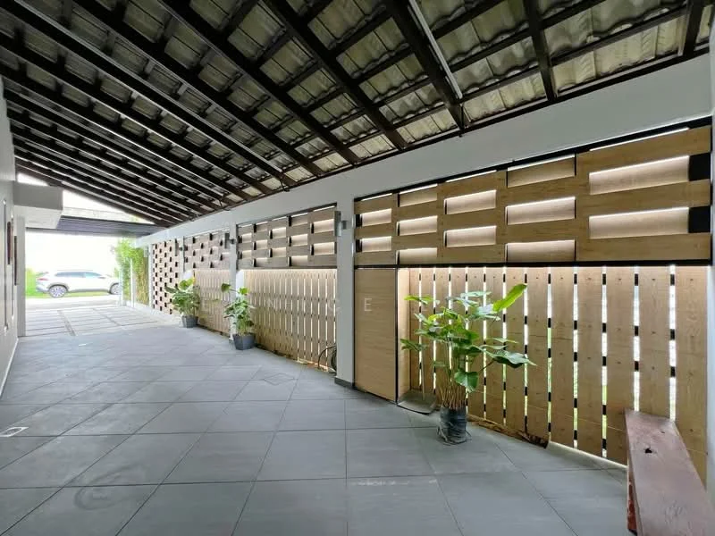 Exterior features: covered walkway with metal roofing, sliding wooden gate, wooden slat fencing, potted plants, grey tiled flooring, open space leading to driveway; style: modern.