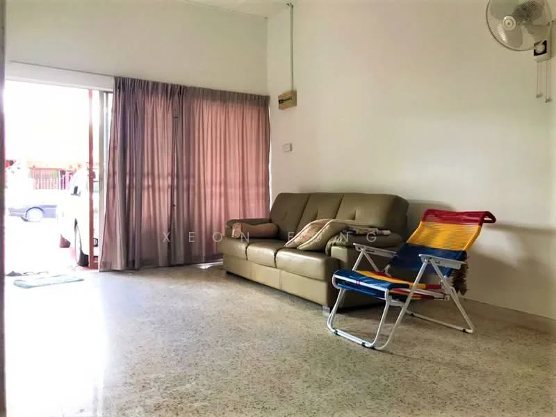 Living features: 3-seater leather sofa in beige, folding chair with colorful stripes, large window with sheer curtains, polished concrete flooring, ceiling fan, wall-mounted light switch, door leading outside, decorative wall with no visible artwork; style: minimalist.