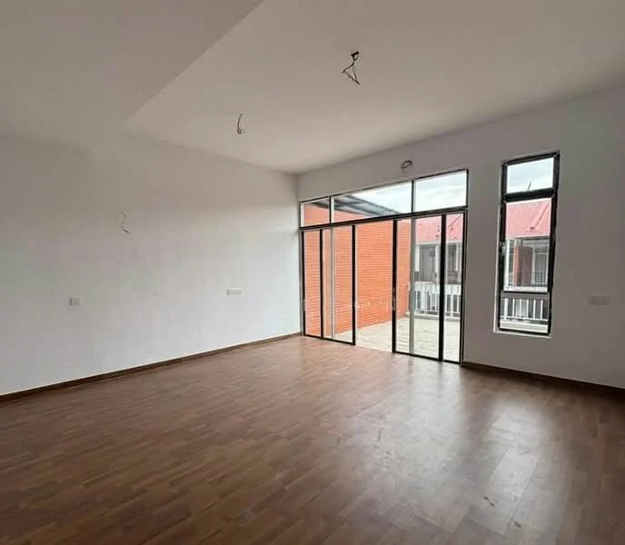 Room features: wooden flooring, white painted walls, large sliding glass door, floor-to-ceiling windows, exposed ceiling with hanging wires, natural light from windows, view of outdoor patio, open layout; style: modern; view: garden.