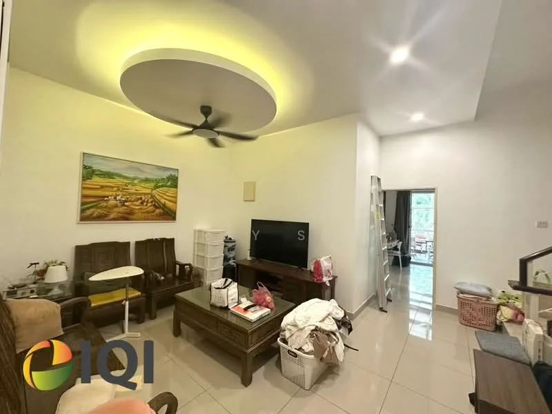 Living features: cream painted walls, glossy tile flooring, tray ceiling with LED lighting, 5-blade ceiling fan, wall-mounted TV, wooden coffee table, 2-seater fabric sofa, wooden armchairs, decorative painting on wall, large window with natural light, open space leading to outdoor area; style: modern; view: garden.