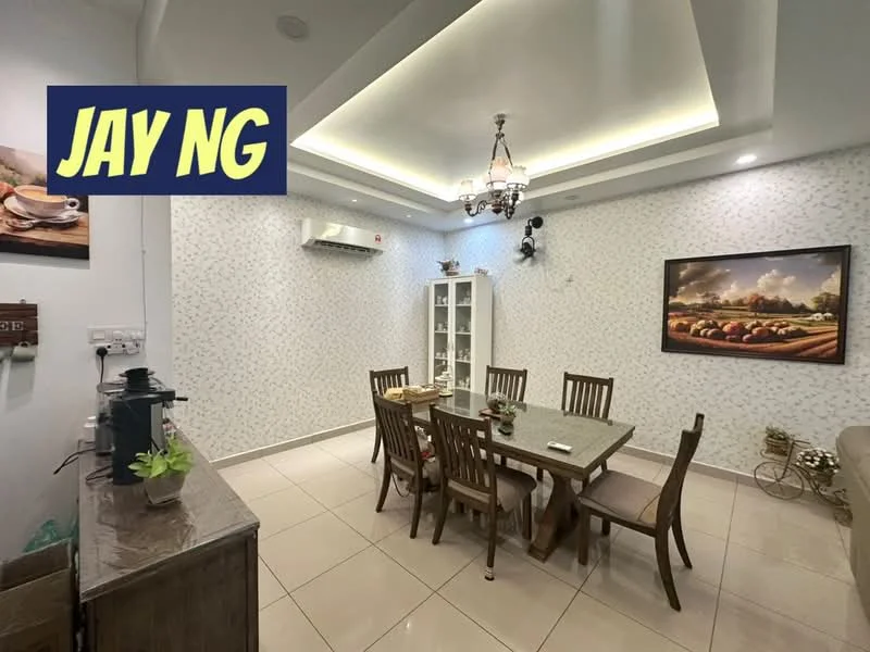 Dining features: rectangular wooden dining table, 6 wooden dining chairs, white painted walls with floral wallpaper, recessed ceiling with LED lighting, chandelier light fixture, wall-mounted air conditioning unit, framed artwork on wall, glass display cabinet, ceramic decorative items on table, tile flooring; style: modern.