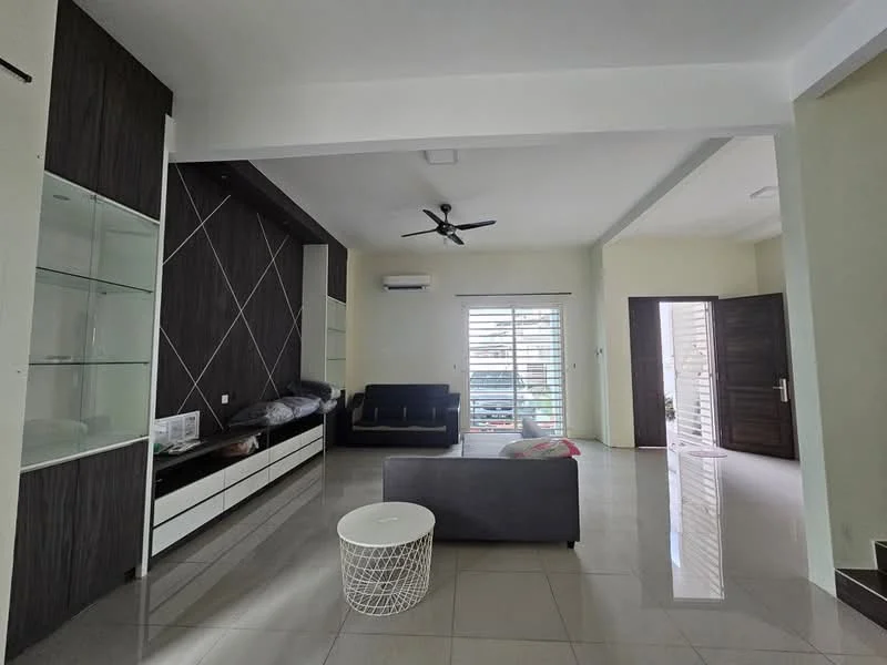 Living features: grey fabric sofa, black leather sofa, white coffee table, built-in cabinetry with glass shelves, wall-mounted TV console, ceiling fan, air conditioning unit, large windows with horizontal blinds, white tiled flooring, neutral wall color, open layout, decorative wall paneling; style: modern.