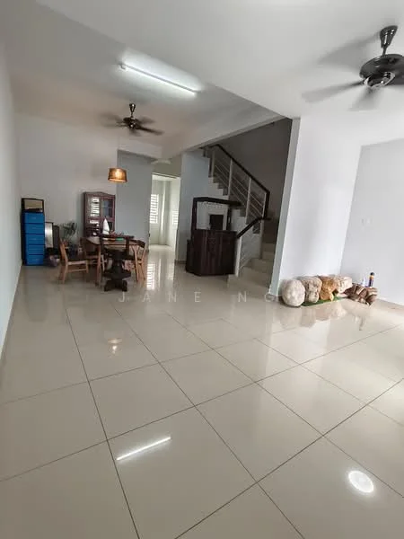 Living features: white painted walls, glossy ceramic tile flooring, ceiling fan, dining table with chairs, wooden sideboard, staircase, decorative items on the floor, natural light from windows; style: modern.