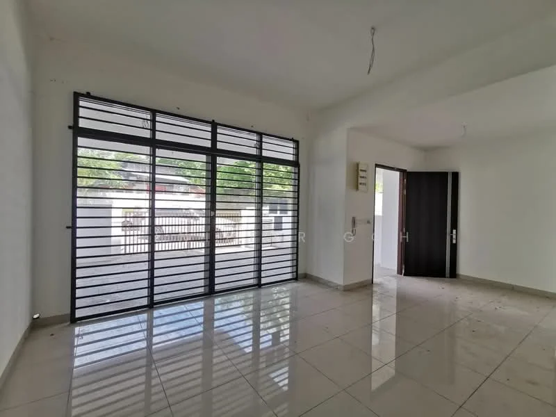 Room features: large floor-to-ceiling windows, sliding glass door, white painted walls, glossy ceramic tile flooring, neutral ceiling, visible electrical outlets, natural light from windows, open layout; style: modern; view: garden.