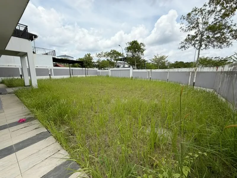 Exterior type: landscape garden; features: manicured lawn, surrounded by low fencing, paved walkway, mature trees, open space, cloudy sky; style: modern.