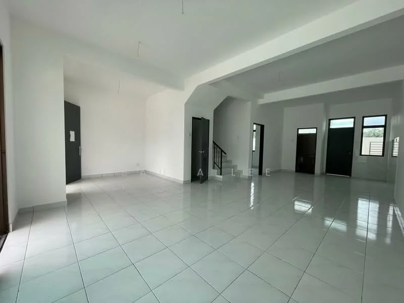 Room features: white painted walls, glossy white tile flooring, high ceiling, multiple doorways, large windows, natural light, open layout, staircase visible; style: modern.