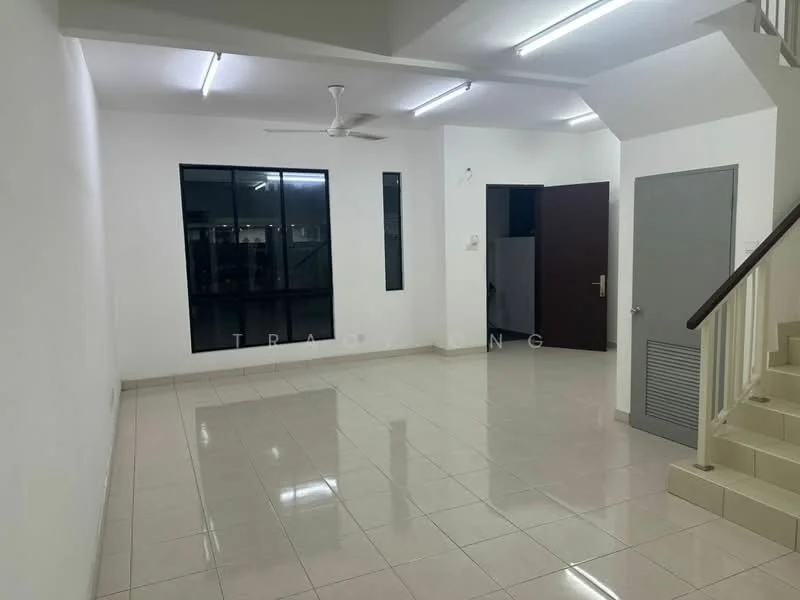 Room features: white painted walls, glossy ceramic tile flooring, ceiling with fluorescent lighting, 1 ceiling fan, large window with black frame, door leading to another room, grey door, staircase leading to upper level; style: modern.