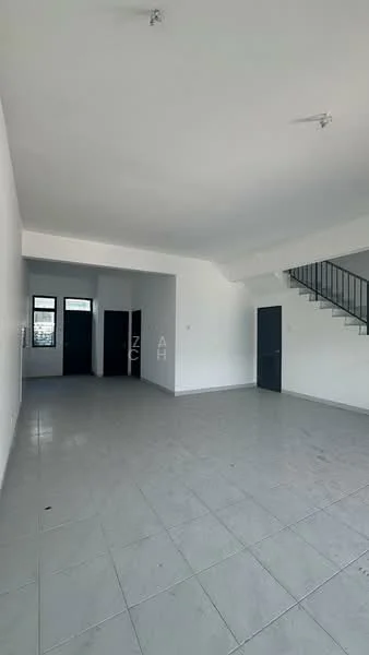Room features: white painted walls, grey tiled flooring, staircase with metal railing, large windows, open layout, high ceiling, no visible furniture, natural light from windows; style: modern; view: city.