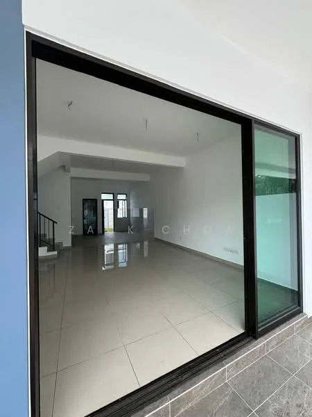 Room features: large floor-to-ceiling windows, white painted walls, glossy tile flooring, open space layout, minimalist design, recessed ceiling lights, neutral color palette, no visible furniture; style: modern; view: garden.