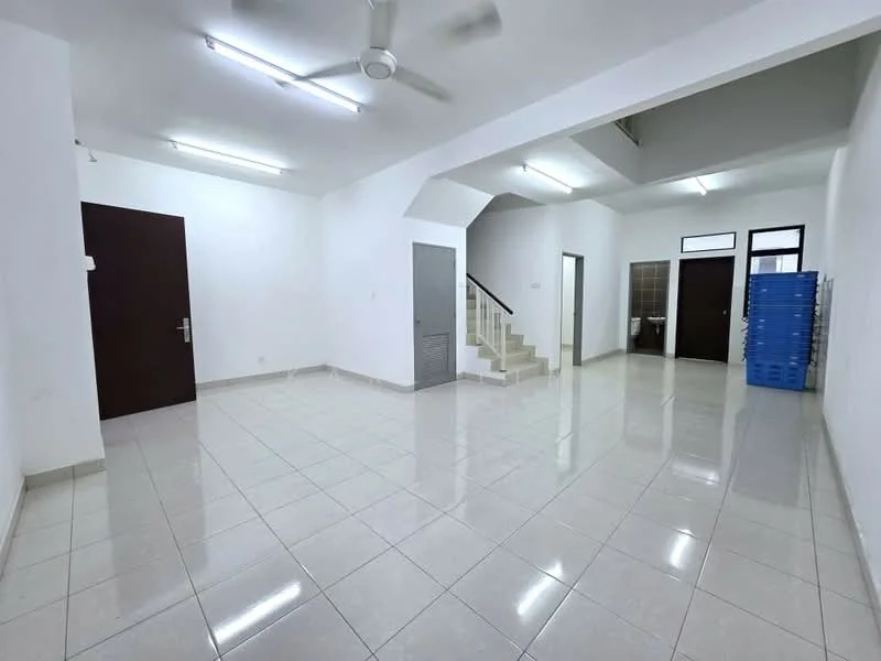 Room features: white painted walls, glossy ceramic tile flooring, ceiling lights, 5-blade ceiling fan, staircase leading to upper floor, two wooden doors, one metal door, blue plastic storage boxes, open layout, large windows for natural light; style: modern.