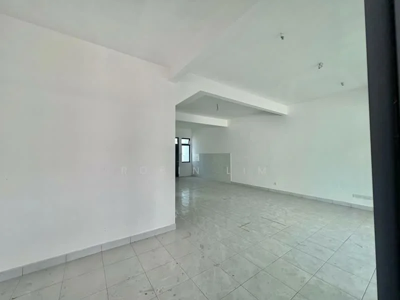 Room features: white painted walls, tile flooring, exposed ceiling, large windows, natural light, open layout, neutral color scheme, no visible furniture; style: minimalist.