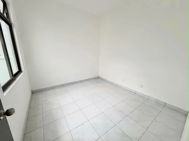 Room features: white painted walls, grey tiled flooring, single window, no visible furniture, neutral decor, corner room, natural light from window, plain ceiling; style: minimalist.