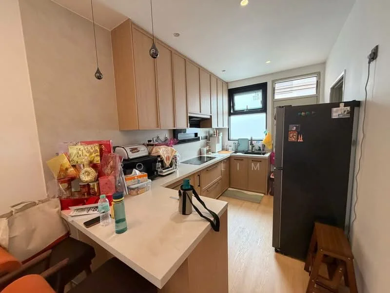 Kitchen features: light wood cabinetry, white countertop, stainless-steel fridge, built-in oven, 4-burner gas hob, kitchen island with seating, single-bowl stainless-steel sink, chrome pull-down faucet, window above sink, wall-mounted cabinets, tile backsplash, wood laminate flooring, recessed downlights; style: modern.