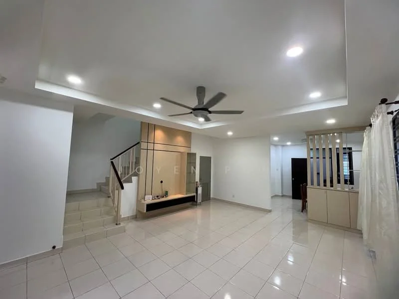 Living features: white painted walls, polished ceramic tile flooring, tray ceiling with recessed downlights, 5-blade ceiling fan, built-in cabinetry, staircase with wooden railing, large windows with sheer curtains, open layout, neutral color palette; style: modern.