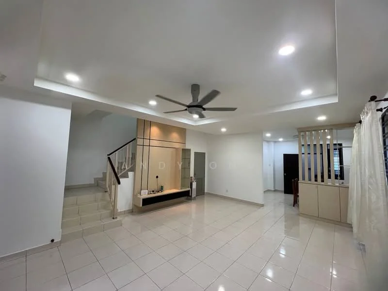 Living features: white painted walls, glossy ceramic tile flooring, 5-blade ceiling fan with light, recessed downlights, open shelving unit, staircase with wooden railing, large windows with sheer curtains, built-in cabinetry, neutral color palette; style: modern.