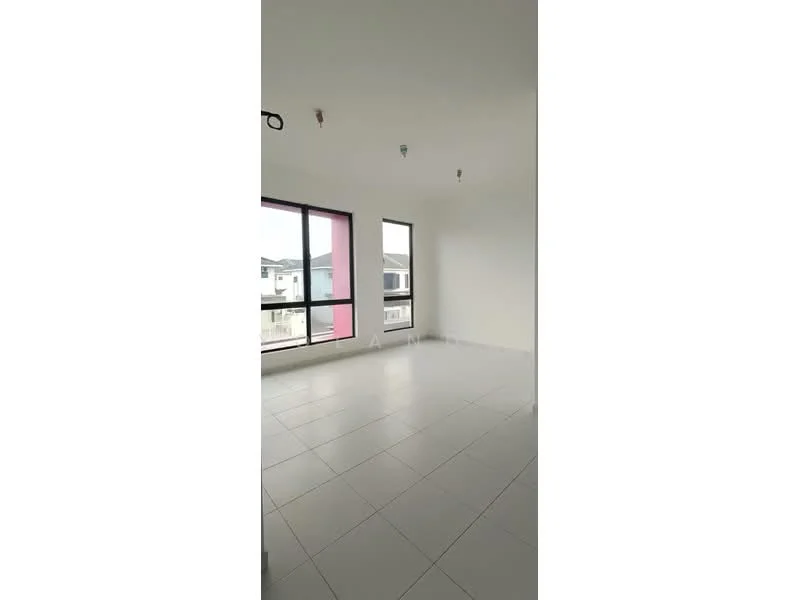 Room features: white painted walls, tile flooring, large windows, natural light, ceiling lights, neutral color scheme; style: modern; view: city.
