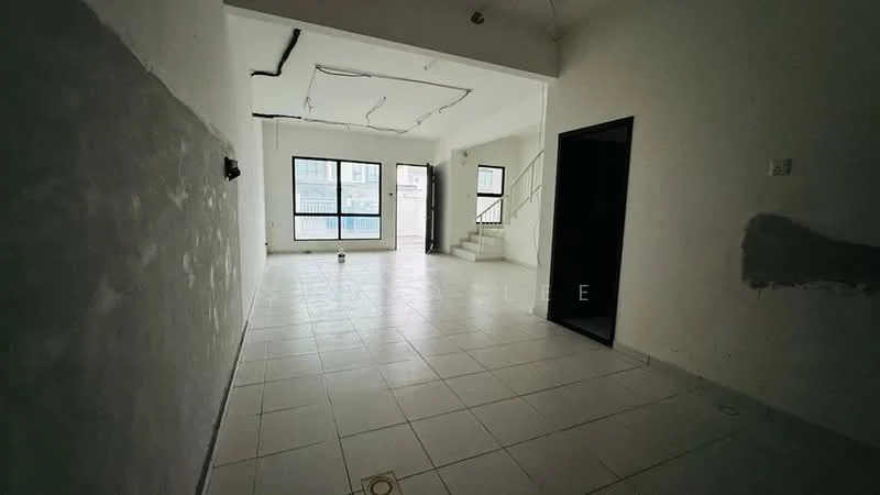 Room features: white painted walls, white ceiling, tile flooring, large window with city view, staircase leading to upper level, open layout, doorway leading to another room, light fixtures on ceiling; style: modern; view: city.