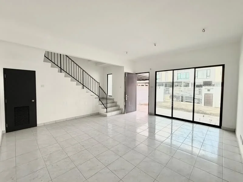 Living features: white painted walls, marble tile flooring, large floor-to-ceiling windows, black door, staircase with metal railing, recessed ceiling lights, open layout, natural light, view of outdoor area; style: modern; view: garden.