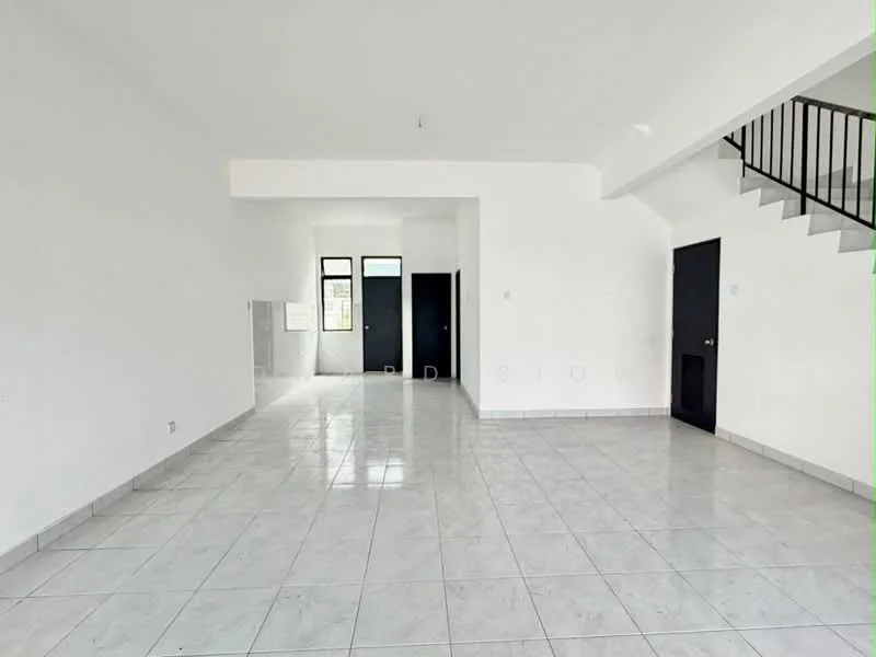 Room features: white painted walls, glossy ceramic tile flooring, large windows, black door, staircase with metal railing, high ceiling, open layout, natural light; style: modern.