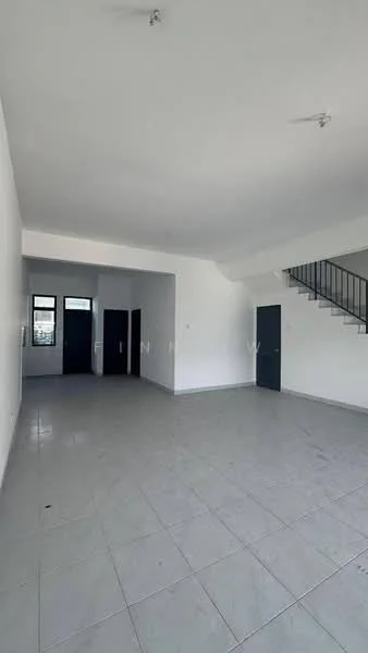 Room features: white painted walls, grey tiled flooring, staircase with metal railing, three windows, two doors, high ceiling, open layout, no visible furniture; style: minimalist.