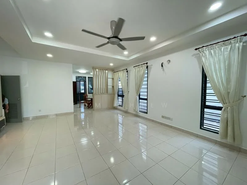 Living features: white painted walls, polished ceramic tile flooring, tray ceiling with recessed lighting, 5-blade ceiling fan, floor-to-ceiling windows, sheer curtains, blackout curtains, open layout, natural light, neutral color palette, wall-mounted light fixtures; style: modern.