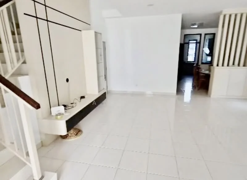 Living features: white painted walls, glossy white tile flooring, staircase with wooden handrail, built-in shelving unit, open layout, recessed ceiling lights, dining area visible in background, large windows for natural light; style: modern.