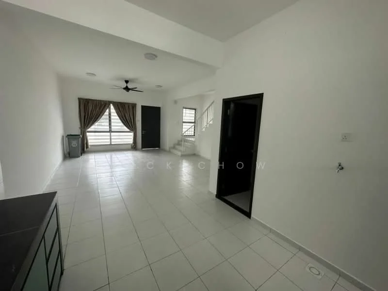 Living features: white painted walls, tile flooring, 5-blade ceiling fan, floor-to-ceiling windows, curtains, black door, staircase, open layout; style: modern.
