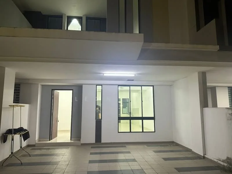 Room features: white painted walls, tile flooring, large windows, door leading to another room, overhead lighting, open space layout, visible partition wall, neutral color scheme; style: modern.
