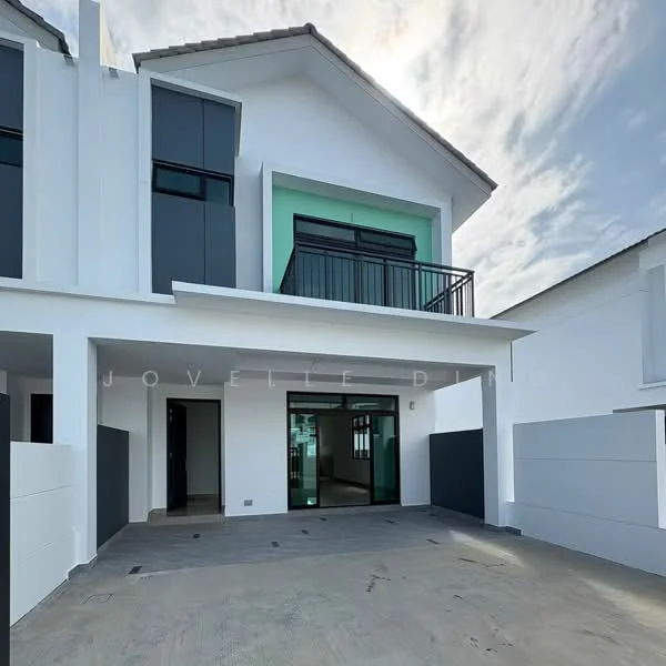 Exterior type: linked terrace house; features: white painted facade, green accent wall, flat roof, double-storey, balcony with glass railing, manicured lawn, paved driveway, large windows, modern architectural design; style: modern.