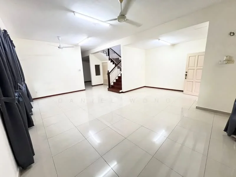 Living features: white painted walls, glossy ceramic tile flooring, ceiling fan, recessed downlights, curtains, staircase in background, doorway leading to another room, neutral color scheme; style: modern.