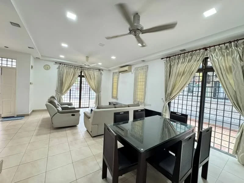 Living features: 5-blade ceiling fan with light, floor-to-ceiling windows, cream painted walls, white tiled flooring, sofa set in light grey, glass coffee table, dining table with black chairs, sheer curtains, recessed LED downlights, air conditioning unit; style: modern; view: courtyard.