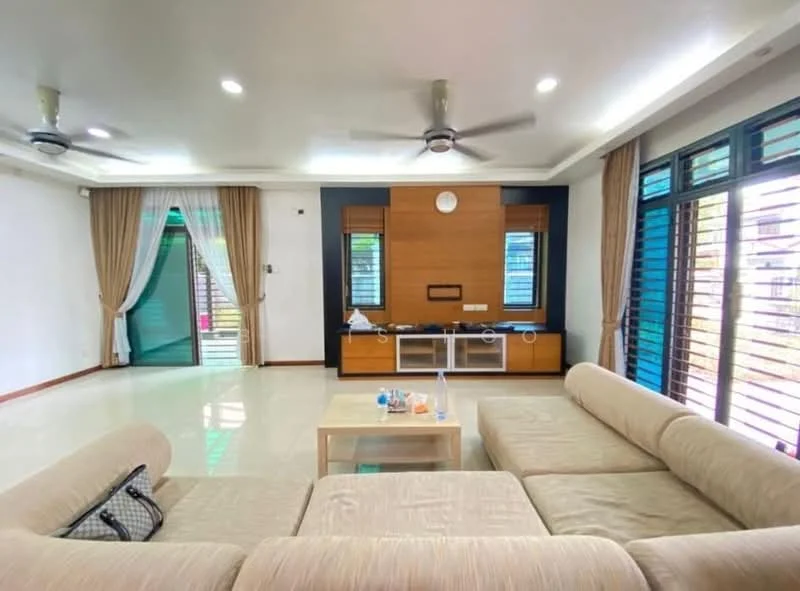 Living features: L-shape sectional sofa in beige, coffee table, wall-mounted TV, TV console with wood finish, 2 ceiling fans, white painted walls, cream tiled flooring, large windows with blue frames, curtains, decorative wall paneling, light fixtures, open layout; style: modern.