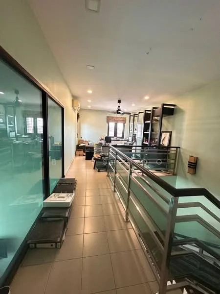 Room features: light green painted walls, tile flooring, glass railing, recessed downlights, ceiling-mounted light fixture, built-in shelving unit, large windows, open layout; style: modern.