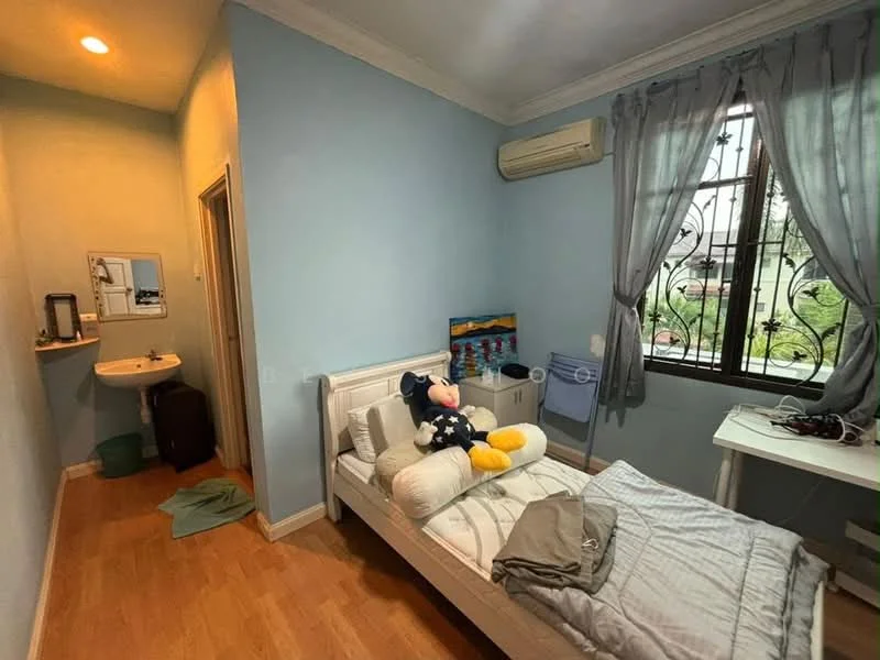Bedroom features: single bed with white frame, light blue painted walls, wooden flooring, window with black metal grille, grey curtains, air conditioning unit on wall, small wall-mounted mirror, desk with chair, stuffed toy on bed, small shelf with items, green towel on floor, small waste bin; style: modern; view: garden.