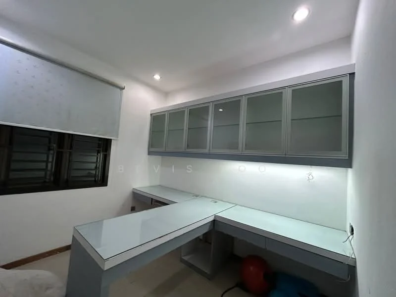 Study features: white painted walls, tile flooring, built-in desk with glass top, built-in cabinetry with glass doors, recessed downlights, black framed window, roller blinds, blue exercise ball; style: modern.