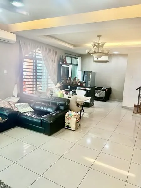 Living features: black leather sectional sofa, white dining table, chandelier, recessed downlights, floor-to-ceiling windows, curtains, white tiled flooring, air conditioning unit, decorative items on shelves, wall-mounted TV, open layout to kitchen, staircase in background; style: modern.