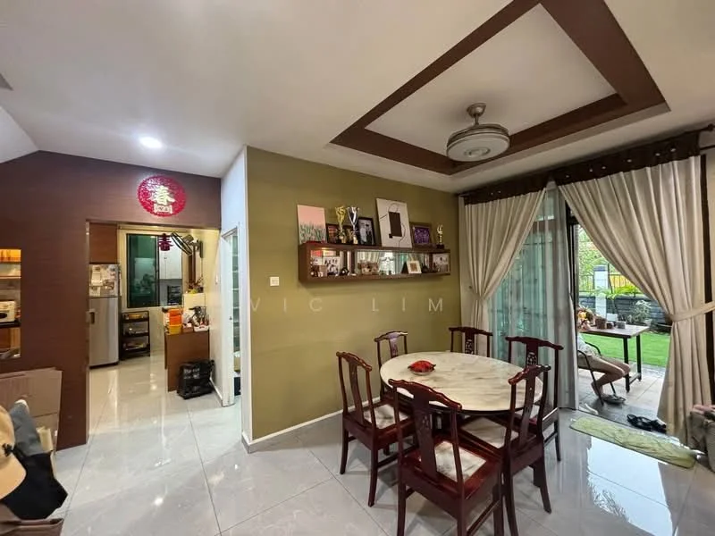 Dining features: round dining table, wooden dining chairs, cream painted walls, green accent wall, tray ceiling with recessed lighting, curtains, floor-to-ceiling glass doors, tile flooring, decorative wall art, framed photographs, wall-mounted trophies; style: modern; view: garden. Kitchen features: open kitchen layout, stainless-steel fridge, built-in cabinets, countertop, tile flooring, kitchen appliances visible; style: modern.