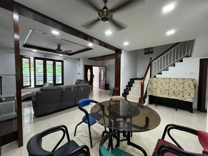 Living features: 5-blade ceiling fan with light, sofa in grey fabric, coffee table, wall-mounted TV, floor-to-ceiling windows, white painted walls, marble tile flooring, recessed downlights, decorative wall paneling; style: modern; view: garden. Dining features: round glass dining table, 4 dining chairs in various colors, white painted walls, marble tile flooring; style: modern.