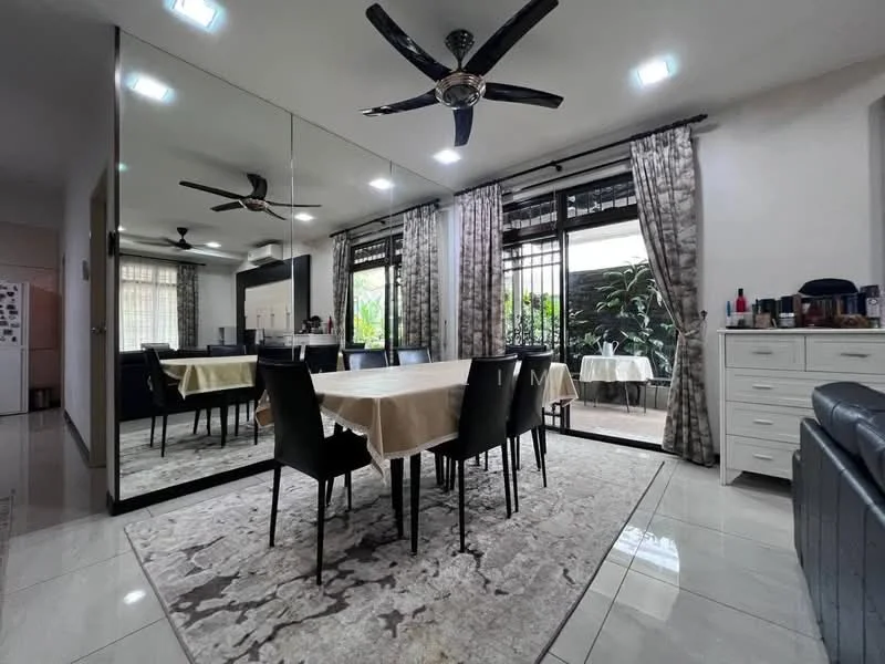 Dining features: 6-seater dining table, black dining chairs, mirror wall, area rug with abstract pattern, recessed LED downlights, 2 ceiling fans, curtains, floor-to-ceiling windows, greenery view; style: modern; view: garden.